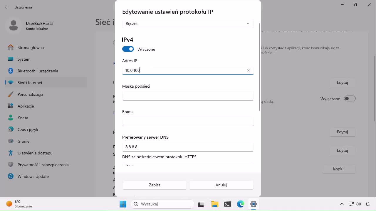 Karta sieciowa - zmiana nazwy i IP w  Windows11